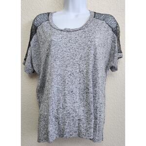 A.N.A Gray Marled Silver Metallic Lace Netting On Shoulders Top Large Hi Low Hem